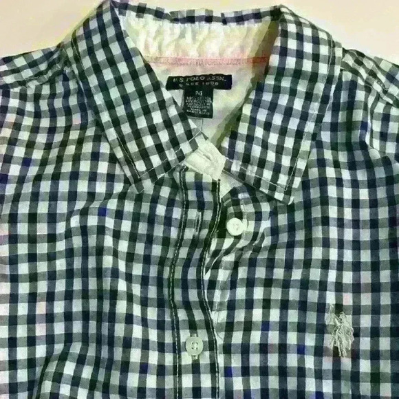 NWT. US Polo Long Sleeve Gingham Shirt Dress. Size: Medium. Color: Navy & White - Picture 4 of 10